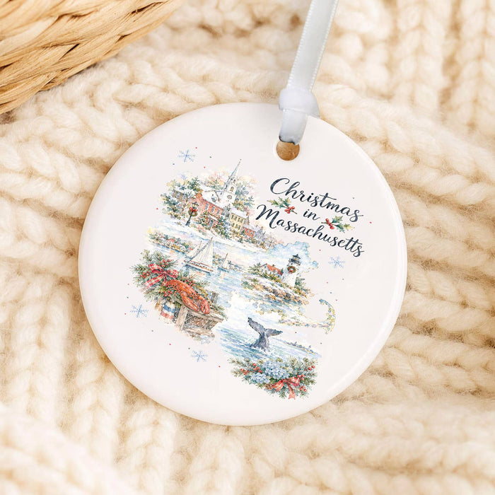 Christmas in Massachusetts State Map Ornament