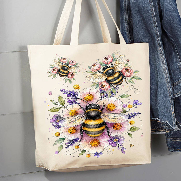 Whimsical Bees Flowers Canvas Tote Bag