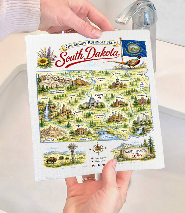 South Dakota State Map Landmark Swedish Dishcloth