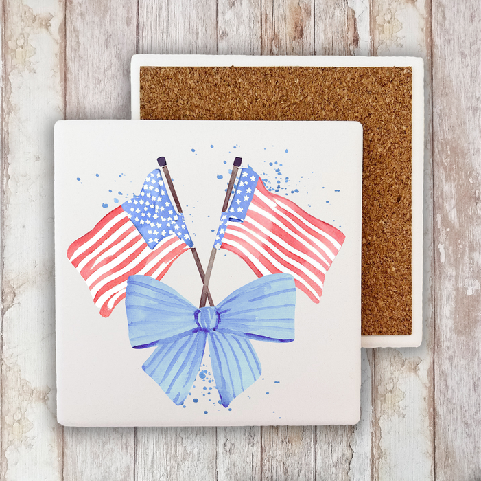 Patriotic Watercolor Flag Bow Stone Coaster