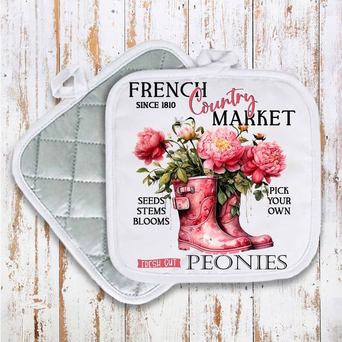 French Country Market Peonies Pot Holder Oven Mitt