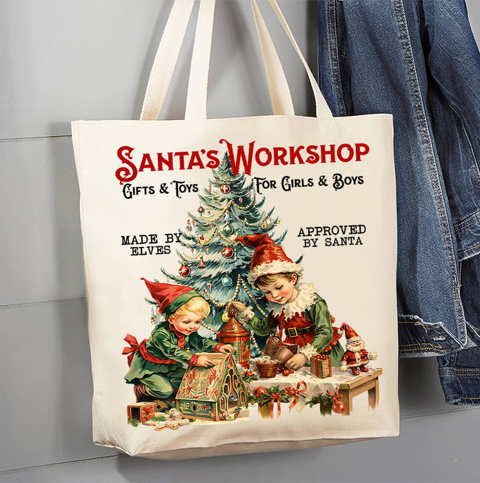 Christmas Vintage Elfs Workshop Canvas Tote Bag
