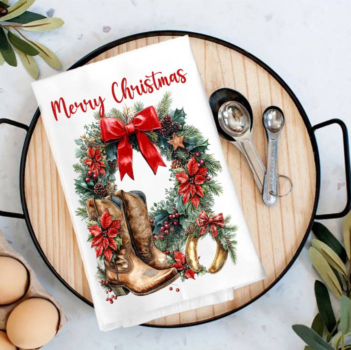 Country Christmas Poinsetta Western Tea Towel