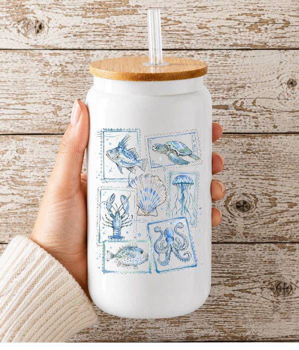 Coastal Blue Ocean Vintage Stamps Glass Cup