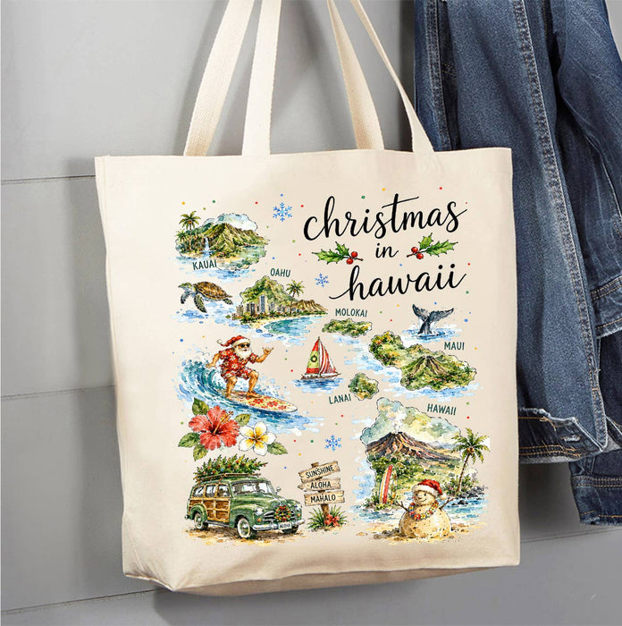 Christmas in Hawaii State Map Canvas Tote Bag