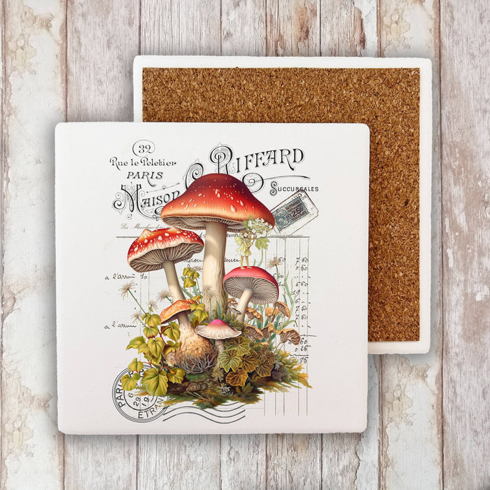 Vintage French Red & White Mushrooms Stone Coaster