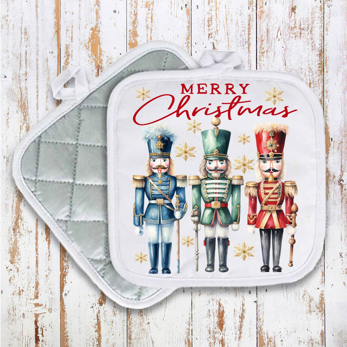 Merry Christmas Holiday Nutcrackers Pot Holder Oven Mitt