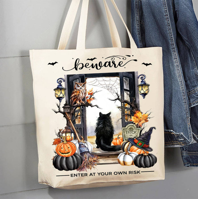 Halloween Beware Black Cat Pumpkins Canvas Tote Bag