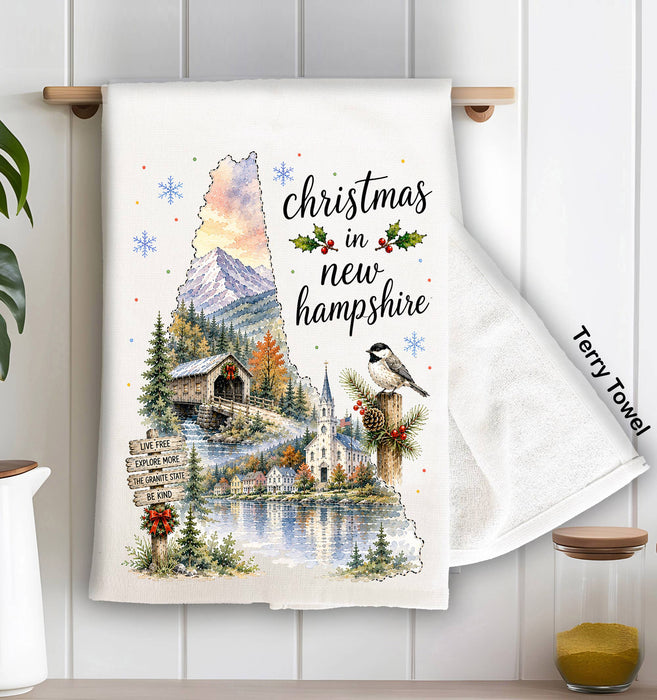Christmas in New Hampshire State Map Kitchen Terry Towel