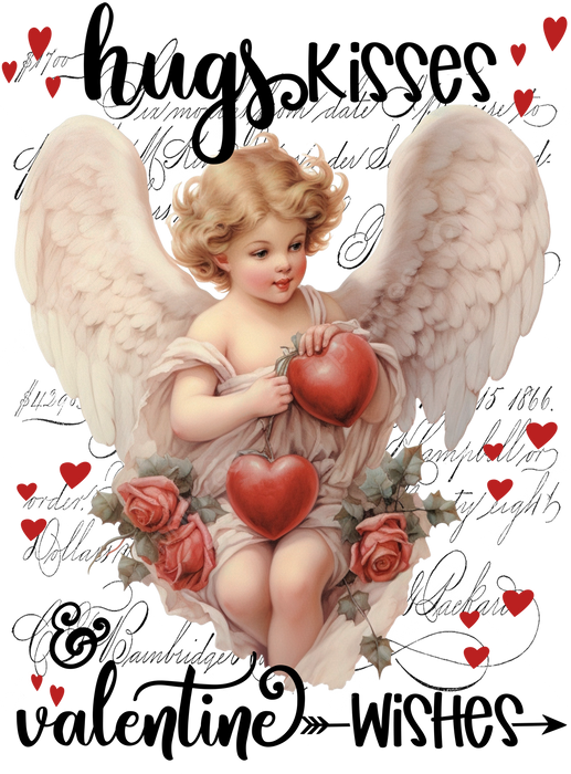 Vintage Angel Cupid Hugs Kisses Valentine Tea Towel
