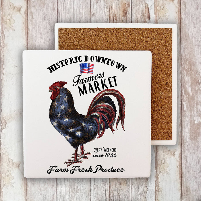 Farmers Market Patriotic Rooster Stone Coaster