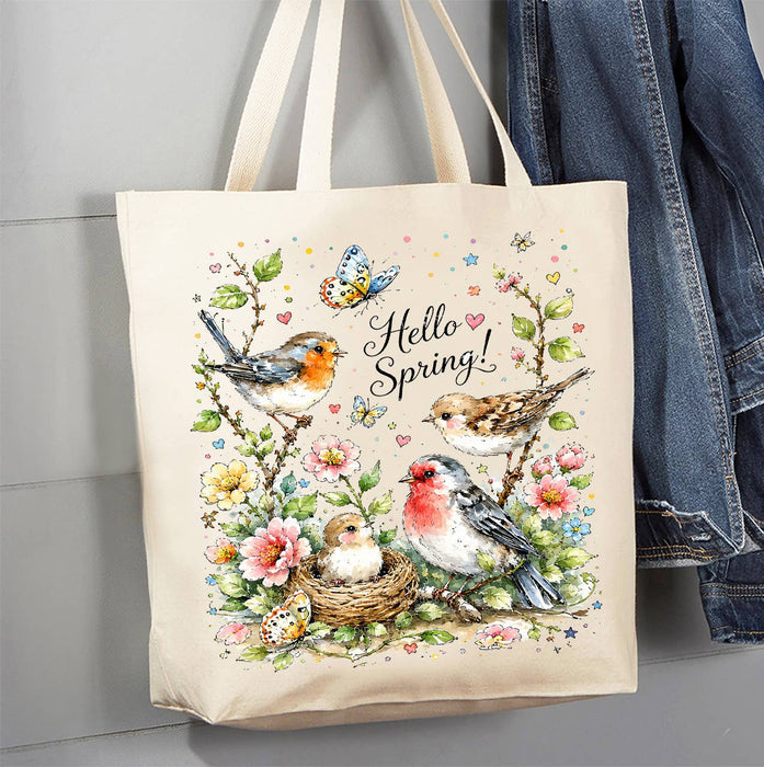 Hello Spring Flowers Birds Canvas Tote Bag