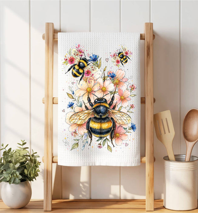 Watercolor Bees Flowers Waffle Weave Towel
