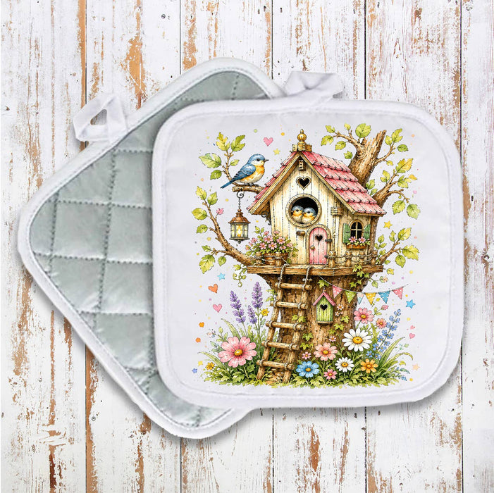 Spring Birds in Birdhouse Flowers Pot Holder