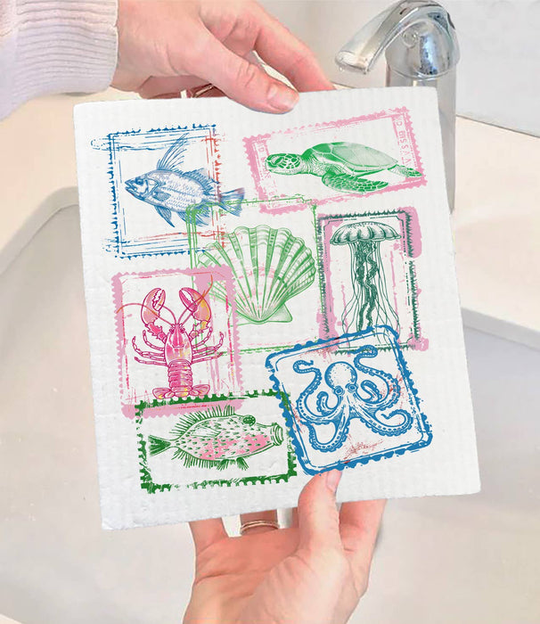 Coastal Beach Collage of Stamps Swedish Dishcloth