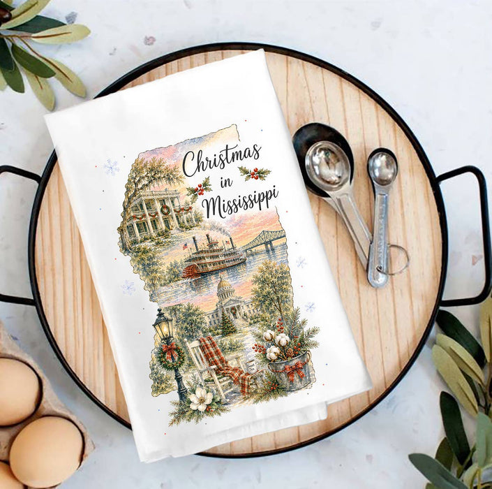 Christmas in Mississippi State Map Tea Towel