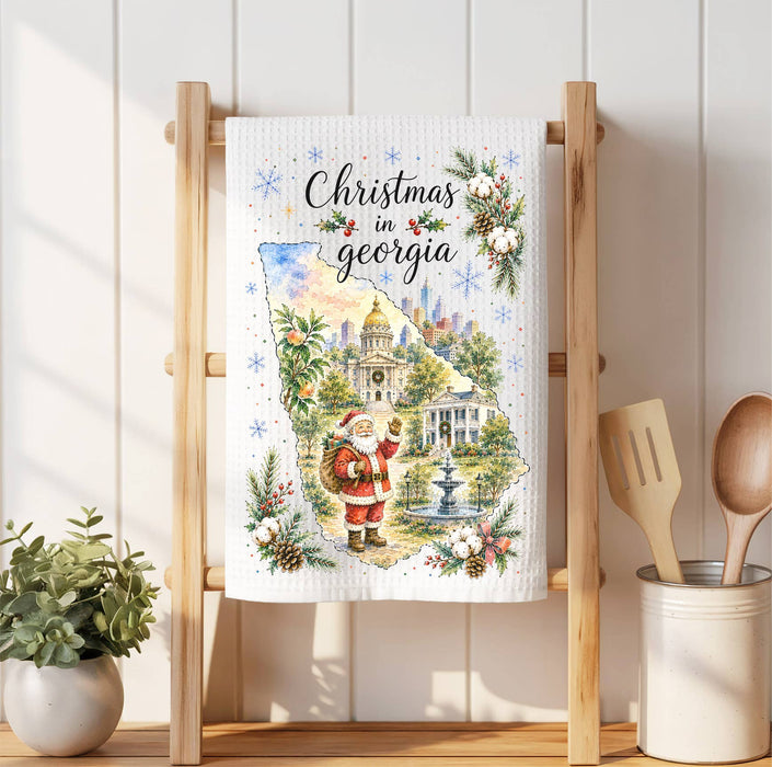 Christmas in Georgia State Map Waffle Weave Towel