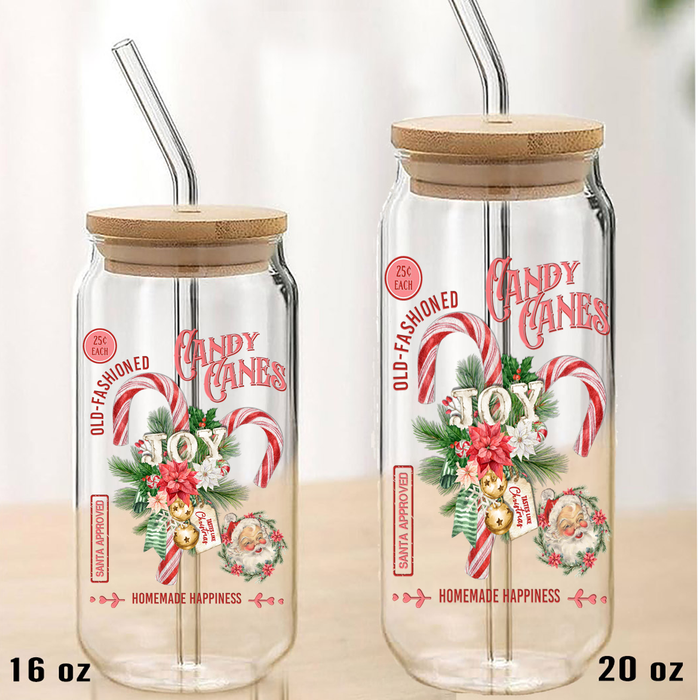 Christmas Old Fashion Candy Cane Can Glass with Lid Straw