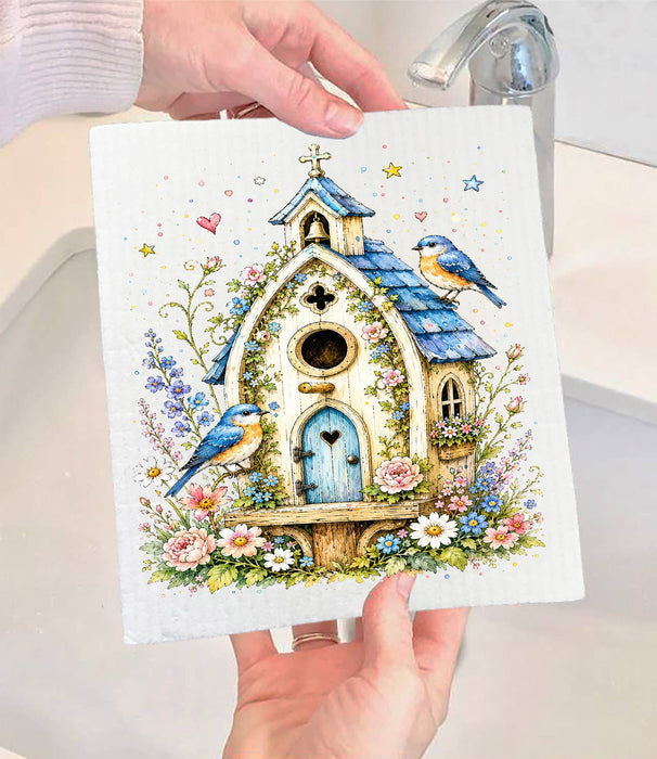 Watercolor Birdhouse Blue Flowers Swedish Dishcloth