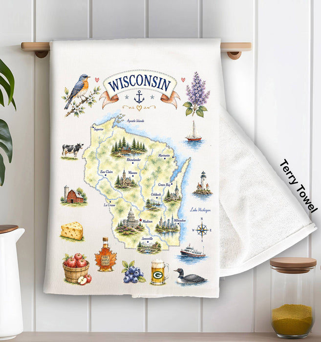 Wisconsin State Map Landmark Kitchen Terry Towel