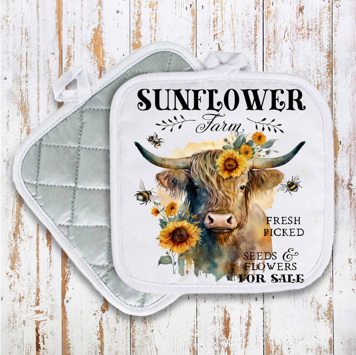 Highland Cow Sunflower Farm Pot Holder Oven Mitt