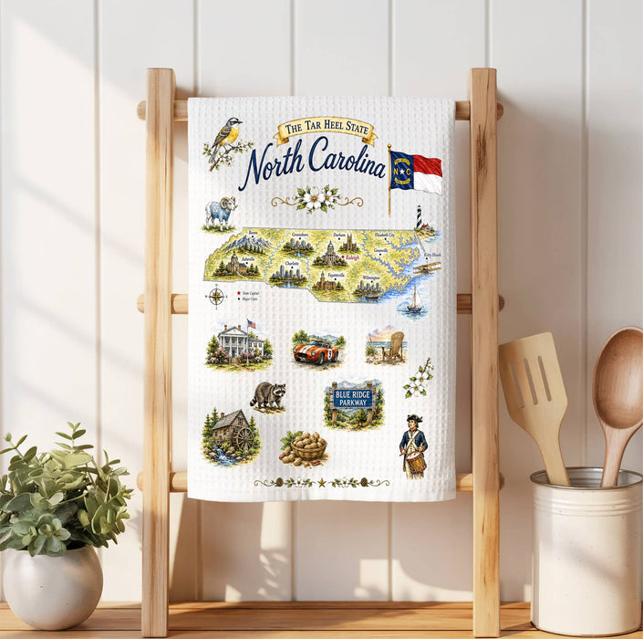 North Carolina State Map Landmark Waffle Weave Towel