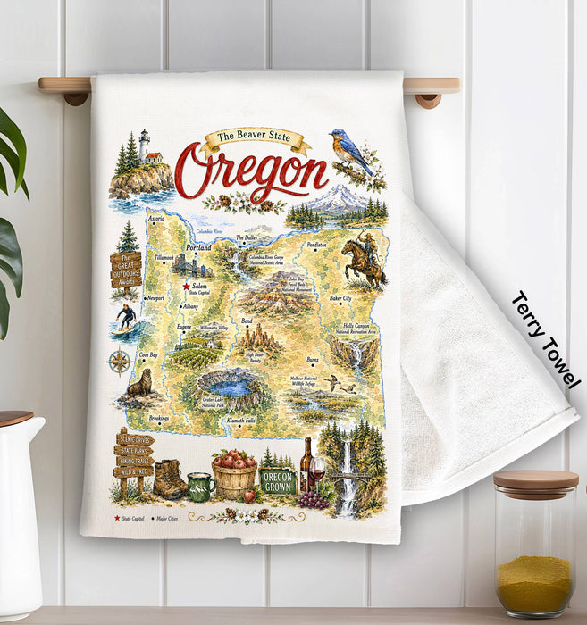 Oregon State Map Landmark Kitchen Terry Towel