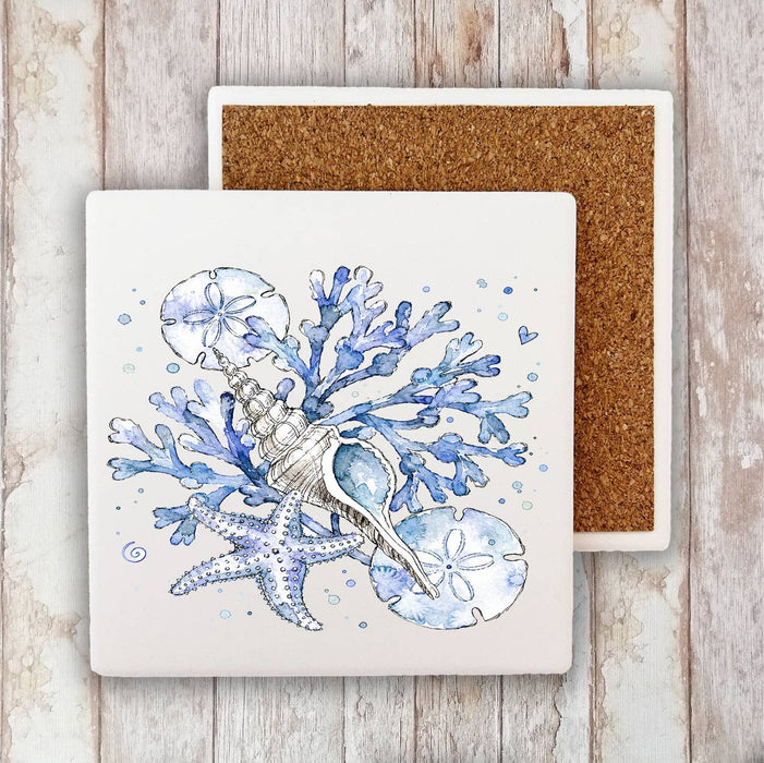 Coastal Blue Sand Dollar Sea Shells Stone Coaster