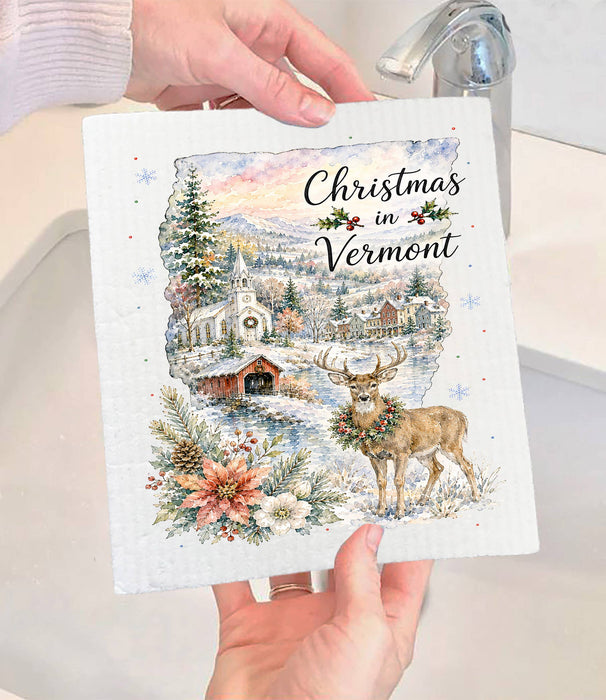 Christmas in Vermont State Map Swedish Dishcloth
