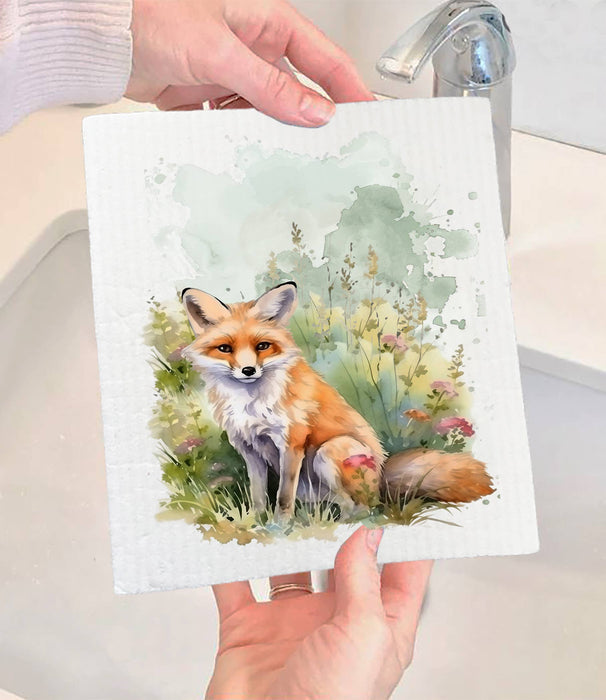 Fox Animal in Grass Flowers Swedish Dishcloth
