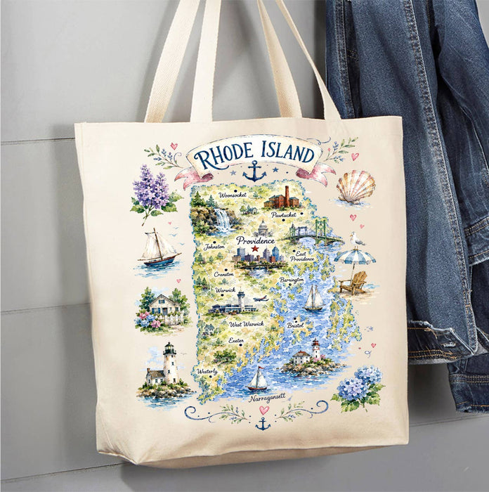 Rhode Island State Map Landmark Canvas Tote Bag