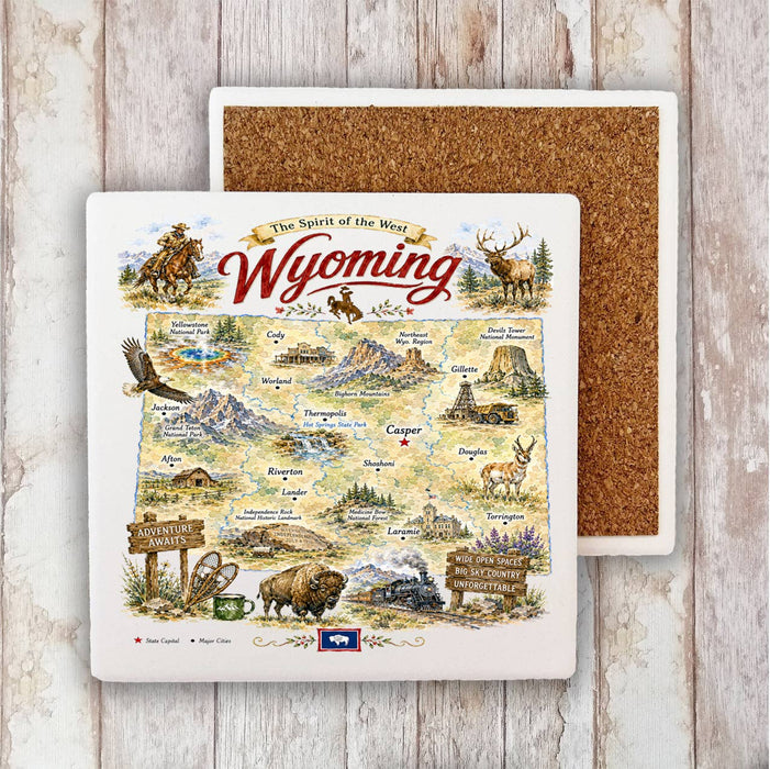 Wyoming State Map Landmark Stone Coaster