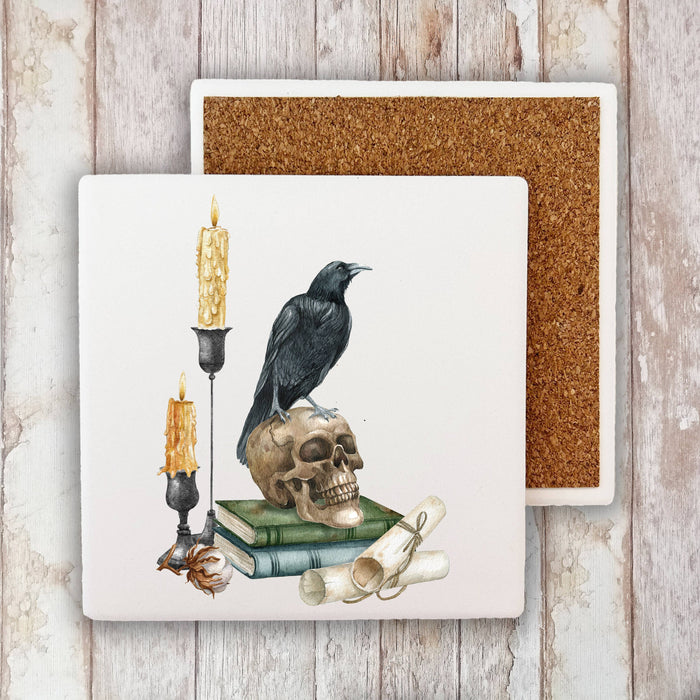 Halloween Black Crow Skull Candles Stone Coaster