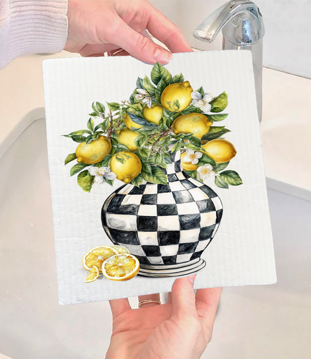 Checkered Vase with Lemons Swedish Dishcloth
