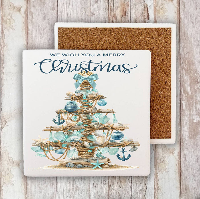 Coastal Christmas Sea Glass Tree Stone Coaster
