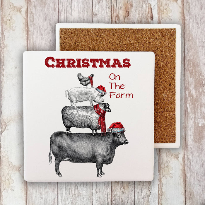Christmas on the Farm Chicken Pig Sheep, Stone Coaster