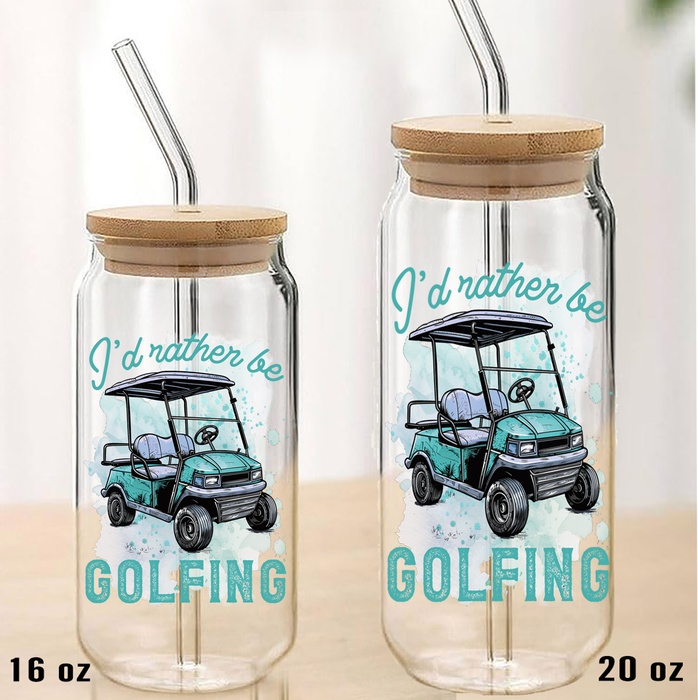 I'd Rather be Golfing Blue Can Glass with Lid Straw