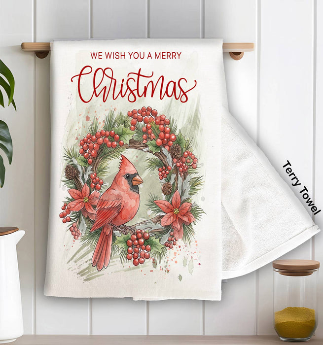 Christmas red Cardinak Wreath Kitchen Terry Towel