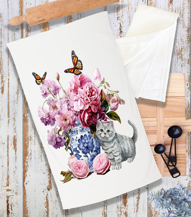 Grey Kitten Flowers Vase Butterflies Terry Cloth Towel