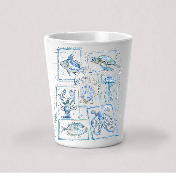 Coastal Blue Ocean Vintage Stamps Shot Glass
