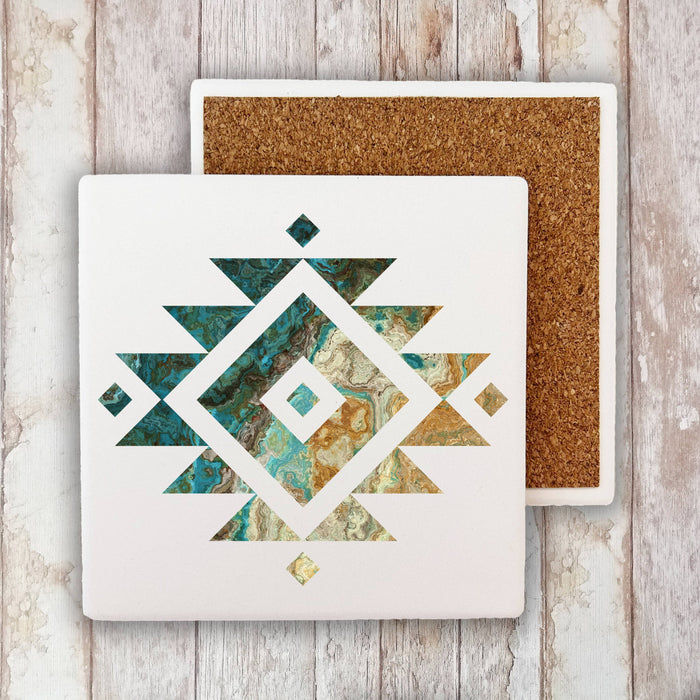 Western Blue Aztec Cactus Southwestern Stone Coaster