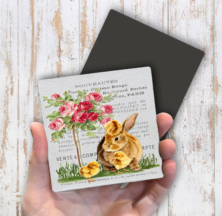 Vintage French Bunny Chicks Roses Magnet Fridge