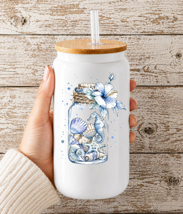Coastal Blue Sea Shells in a Jar Glass Cup