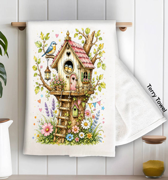 Spring Birds in Birdhouse Flowers Kitchen Terry Towel