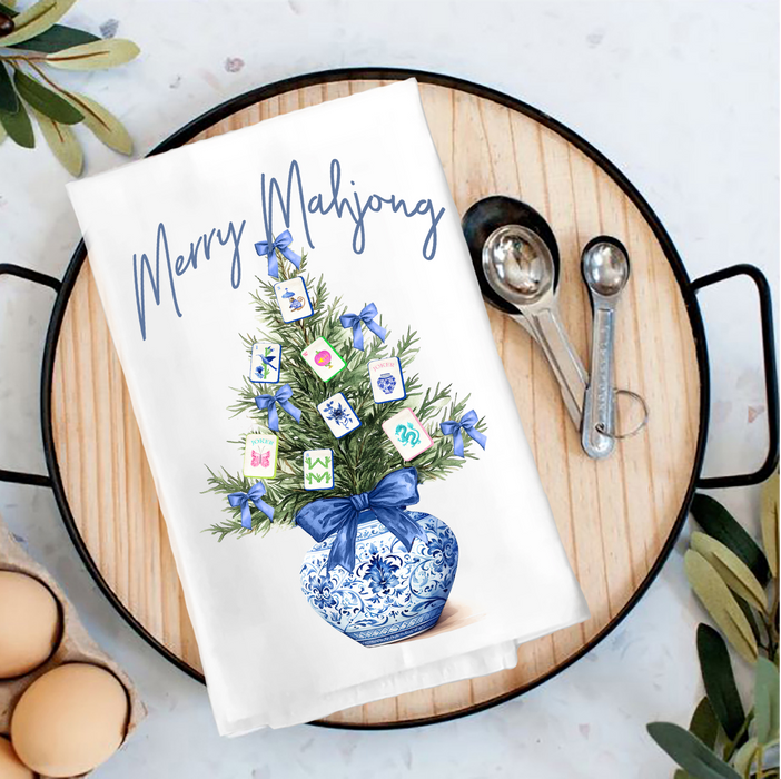 Merry Mahjong Christmas tree Tea Towel