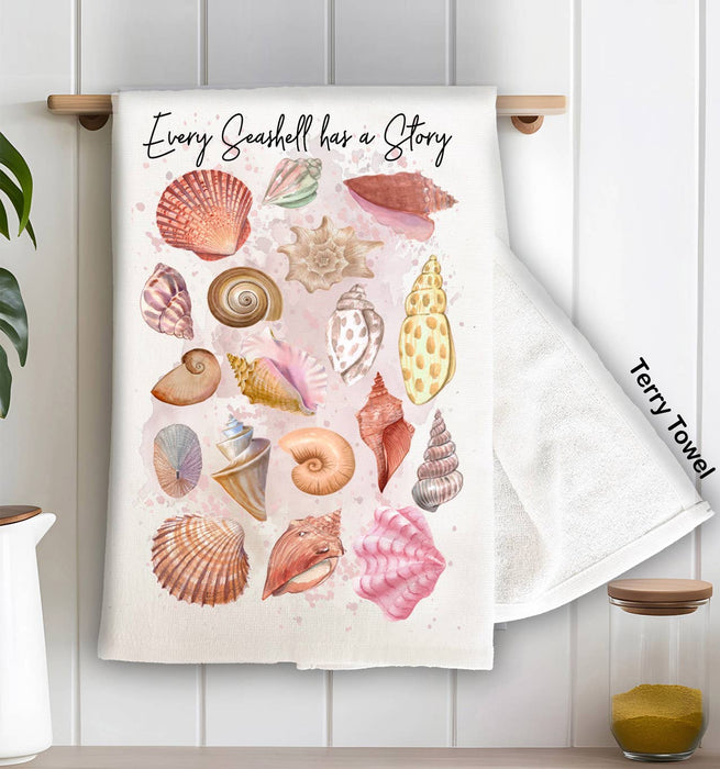 Seashells Has a Story Coastal Beach Kitchen Terry Towel
