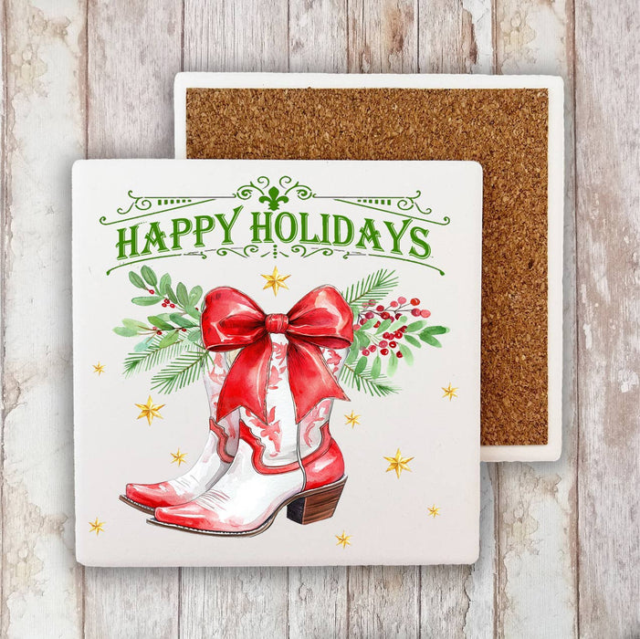 Christmas Happy Holidays Cowboy Boot Stone Coaster