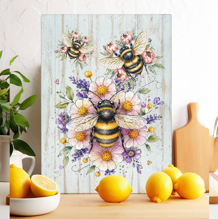 Whimsical Bees Flowers Glass Cutting Board