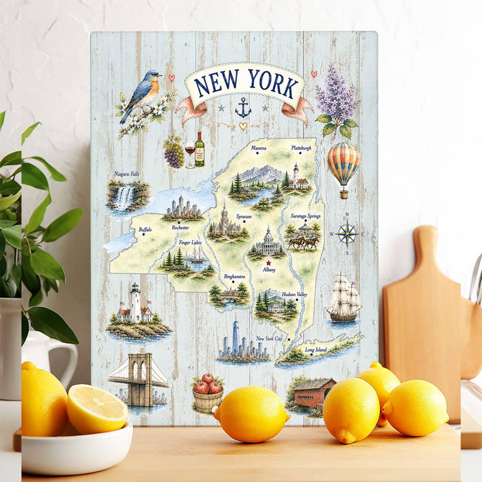 New York State Map Landmark Glass Cutting Board
