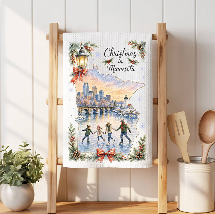 Christmas in Minnesota State Map Waffle Weave Towel